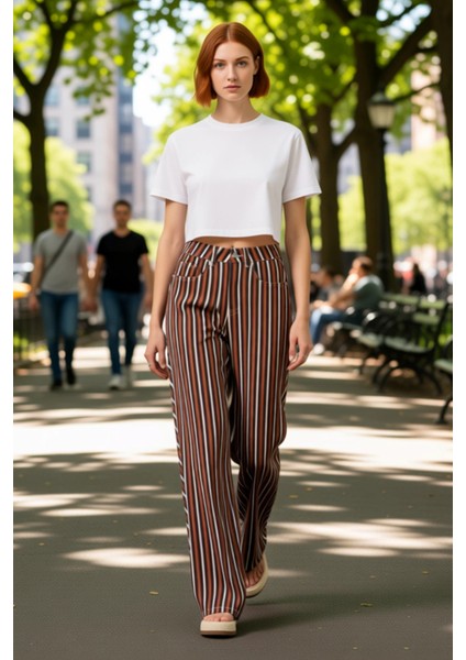 Kadın Çizgili Bol Paça Günlük Jean Pantolon Fonksiyonel Dayanıklı Kaliteli Konforlu Modern fırsatları