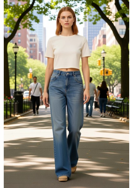 Kadın Yüksek Bel Bol Paça Denim Pantolon Fonksiyonel Dayanıklı Kaliteli Konforlu Estetik Şık fırsatları