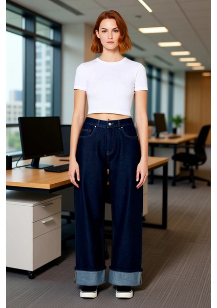 Kadın Geniş Paça Koyu Denim Pantolon Normal Bel Fonksiyonel Dayanıklı Kaliteli Konforlu Şık modelleri