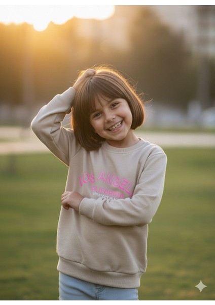 Kız Çocuk Sweatshirt Baskılı Bisiklet Yaka Pamuklu