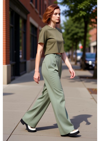 Kadın Haki Wide Leg Dokuma Pantolon Keten Dokulu Fonksiyonel Dayanıklı Kaliteli Konforlu Şık modelleri