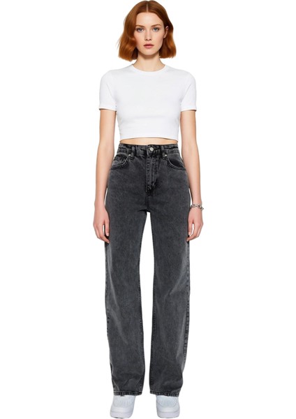 Kadın Açık Wide Leg Denim Pantolon Yüksek Bel Fonksiyonel Dayanıklı Kaliteli Konforlu Spor