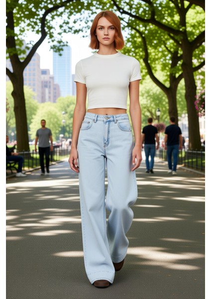 Kadın Açık Bol Paça Dikiş Detaylı Jean Fonksiyonel Dayanıklı Kaliteli Konforlu Estetik Şık fiyatları