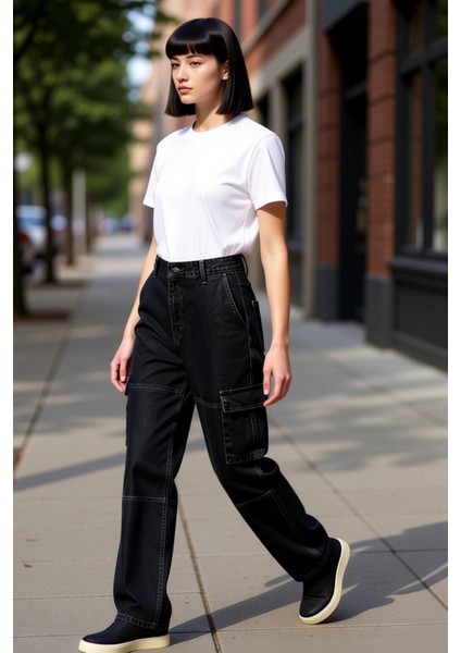 Erkek Bol Kesim Kargo Cep Detaylı Denim Pantolon Fonksiyonel Dayanıklı Kaliteli Konforlu Şık