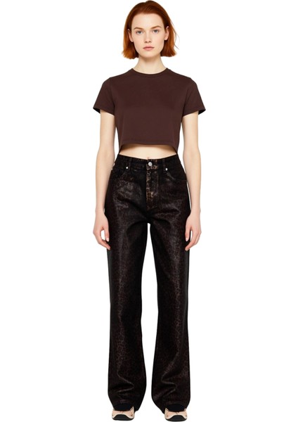 Kadın Leopar Desenli Wide Leg Denim Pantolon Fonksiyonel Dayanıklı Kaliteli Konforlu Rahat