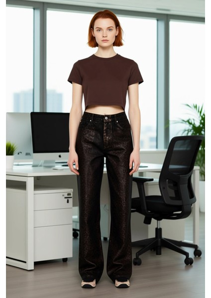 Kadın Leopar Desenli Wide Leg Denim Pantolon Fonksiyonel Dayanıklı Kaliteli Konforlu Rahat modelleri