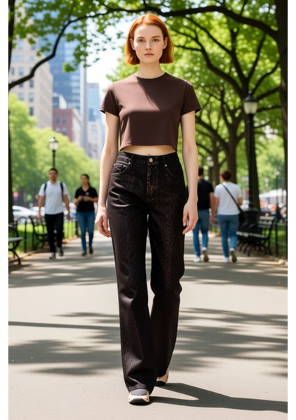 Kadın Leopar Desenli Wide Leg Denim Pantolon Fonksiyonel Dayanıklı Kaliteli Konforlu Rahat fırsatları