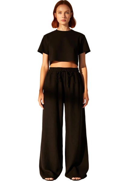 Kadın Yüksek Bel Geniş Paça Keten Pantolon Fonksiyonel Dayanıklı Kaliteli Konforlu Estetik