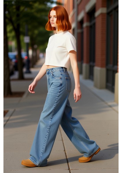 Kadın Açık Yüksek Bel Palazzo Jean Pantolon Fonksiyonel Dayanıklı Kaliteli Konforlu Modern indirimleri