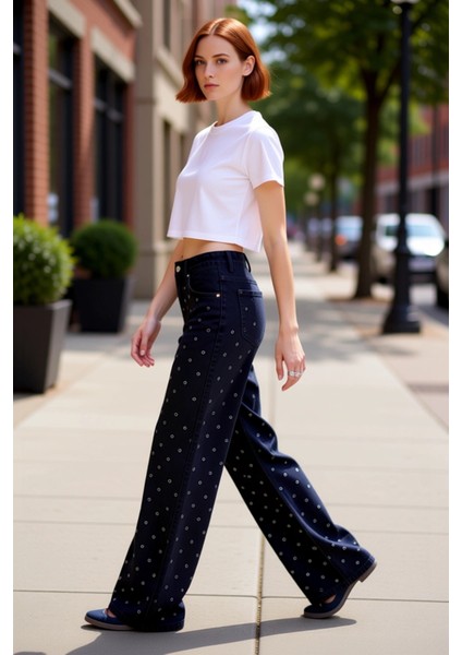 Genç Kadın Kuşgözü Detaylı Yüksek Bel Bol Paça Denim Pantolon Fonksiyonel Dayanıklı Modern modelleri