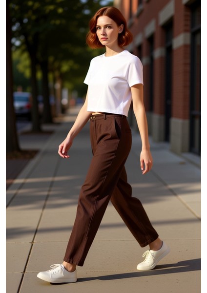 Kadın Yüksek Bel Geniş Paça Keten Pantolon Kemer Detaylı Fonksiyonel Dayanıklı Kaliteli Şık indirimleri