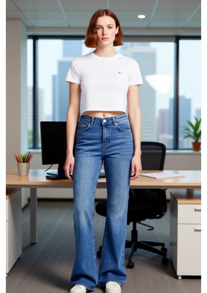 Kadın Flare Kesim Denim Pantolon Yüksek Bel Esnek Kumaş Günlük Stil Fonksiyonel Dayanıklı Şık fiyatları