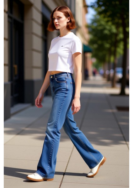 Kadın Flare Kesim Denim Pantolon Yüksek Bel Esnek Kumaş Günlük Stil Fonksiyonel Dayanıklı Şık fırsatları