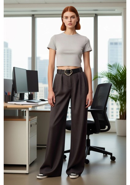 Kadın Koyu Kaşe Wide Leg Pantolon Kemerli Dokuma Fonksiyonel Dayanıklı Kaliteli Konforlu Şık