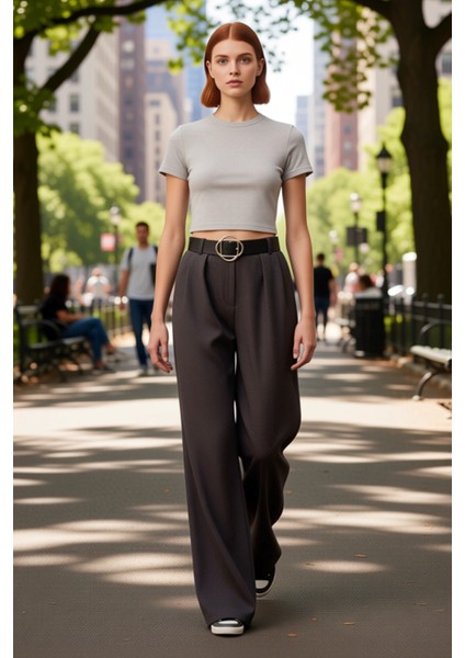 Kadın Koyu Kaşe Wide Leg Pantolon Kemerli Dokuma Fonksiyonel Dayanıklı Kaliteli Konforlu Şık fiyatları