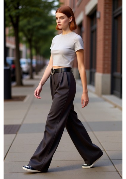 Kadın Koyu Kaşe Wide Leg Pantolon Kemerli Dokuma Fonksiyonel Dayanıklı Kaliteli Konforlu Şık modelleri