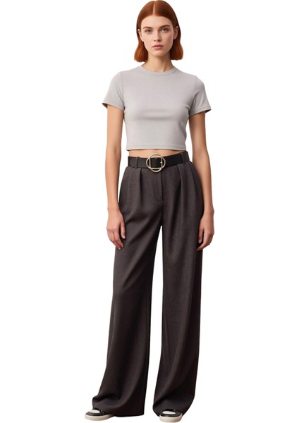 Kadın Koyu Kaşe Wide Leg Pantolon Kemerli Dokuma Fonksiyonel Dayanıklı Kaliteli Konforlu Şık fırsatları