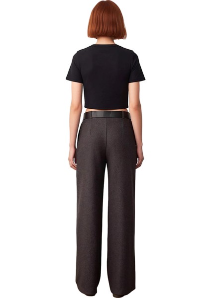 Kadın Koyu Kaşe Wide Leg Pantolon Kemerli Dokuma Fonksiyonel Dayanıklı Kaliteli Konforlu Şık indirimleri