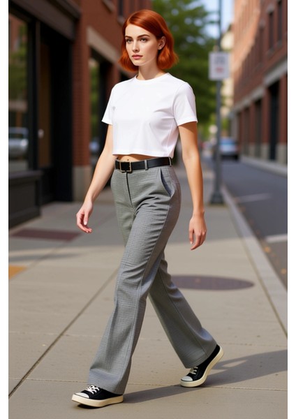 Kadın Yüksek Bel Ekose Desenli Flare Pantolon Fonksiyonel Dayanıklı Kaliteli Konforlu Spor