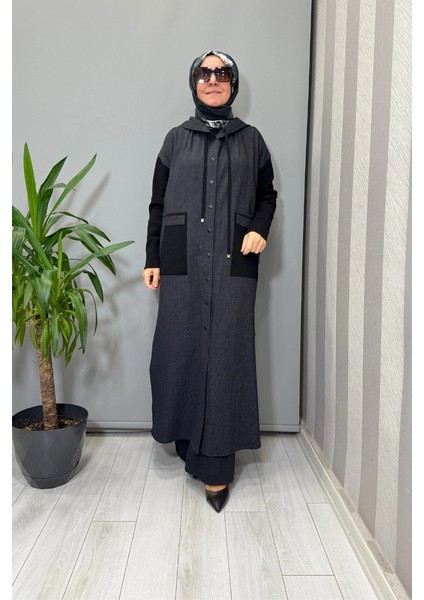 Triko Detaylı Uzun Denim Kap Siyah T25PF-8010