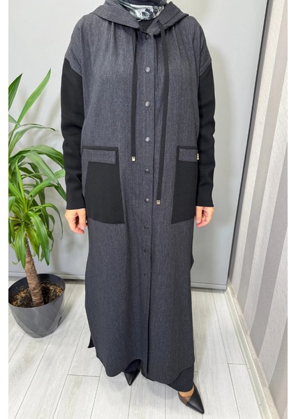 Triko Detaylı Uzun Denim Kap Siyah T25PF-8010 fırsatları