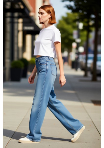 Kadın Wide Leg Yüksek Bel Denim Pantolon Fonksiyonel Dayanıklı Kaliteli Konforlu Estetik Şık