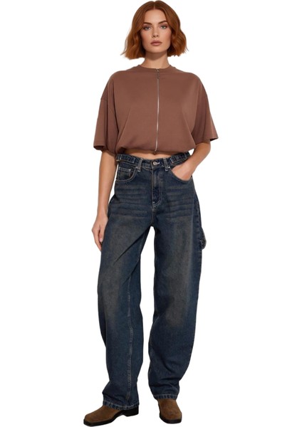 Genç Kadın Için Açık Bol Paça Yüksek Bel Denim Pantolon Fonksiyonel Dayanıklı Kaliteli Şık