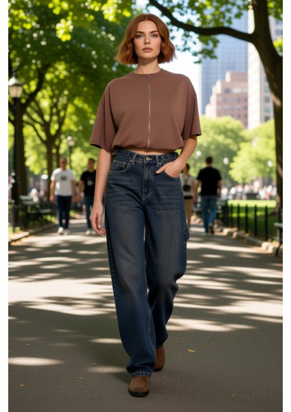 Genç Kadın Için Açık Bol Paça Yüksek Bel Denim Pantolon Fonksiyonel Dayanıklı Kaliteli Şık fırsatları