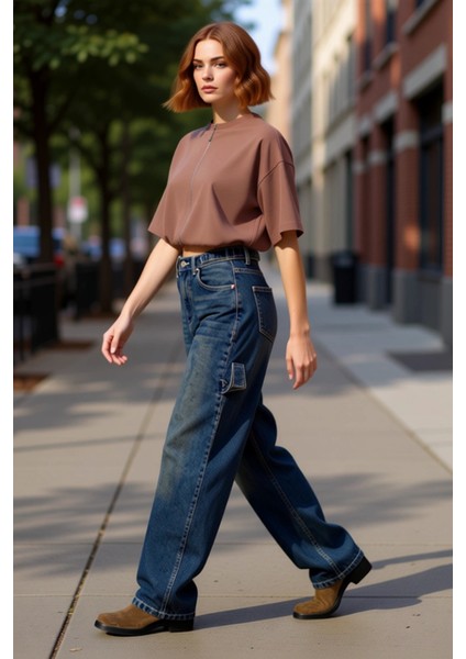 Genç Kadın Için Açık Bol Paça Yüksek Bel Denim Pantolon Fonksiyonel Dayanıklı Kaliteli Şık indirimleri