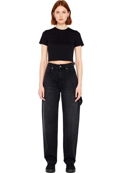 Genç Kadın Için Açık Bol Paça Yüksek Bel Denim Pantolon Fonksiyonel Dayanıklı Kaliteli Şık