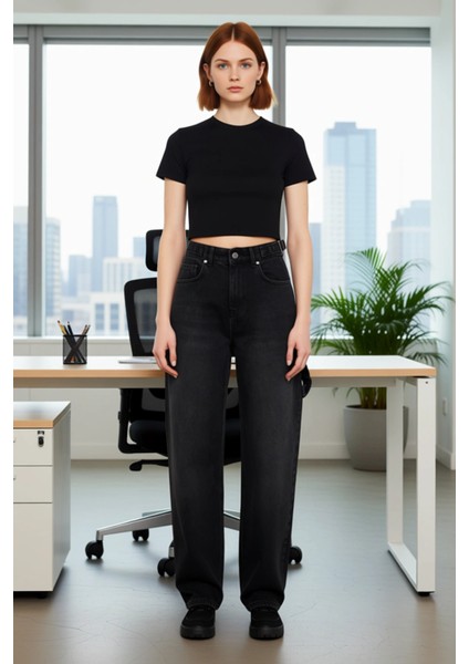 Genç Kadın Için Açık Bol Paça Yüksek Bel Denim Pantolon Fonksiyonel Dayanıklı Kaliteli Şık modelleri