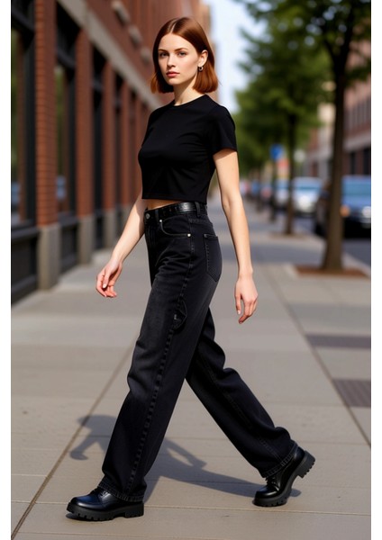 Genç Kadın Için Açık Bol Paça Yüksek Bel Denim Pantolon Fonksiyonel Dayanıklı Kaliteli Şık indirimleri