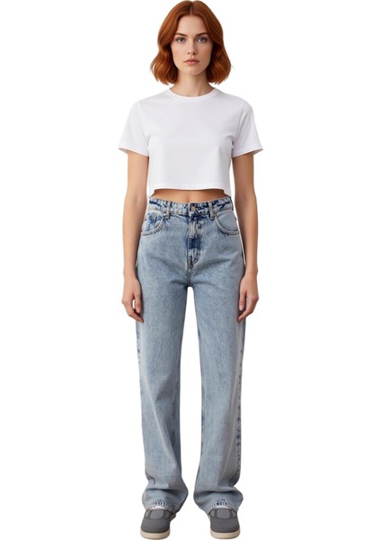 Kadın Açık Yüksek Bel Bol Paça Denim Pantolon Fonksiyonel Dayanıklı Kaliteli Konforlu Spor