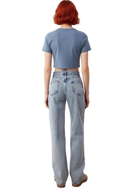 Kadın Açık Yüksek Bel Bol Paça Denim Pantolon Fonksiyonel Dayanıklı Kaliteli Konforlu Spor fiyatları