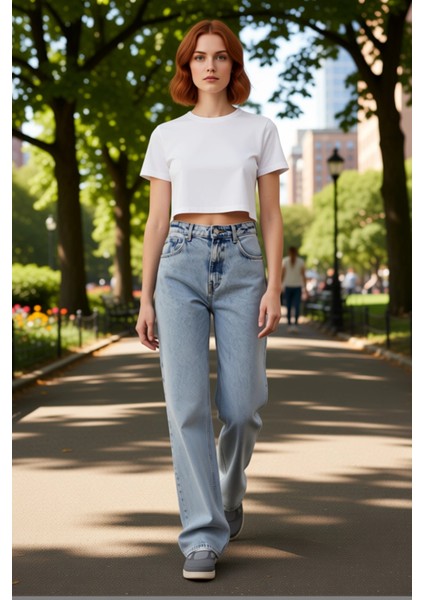 Kadın Açık Yüksek Bel Bol Paça Denim Pantolon Fonksiyonel Dayanıklı Kaliteli Konforlu Spor fırsatları