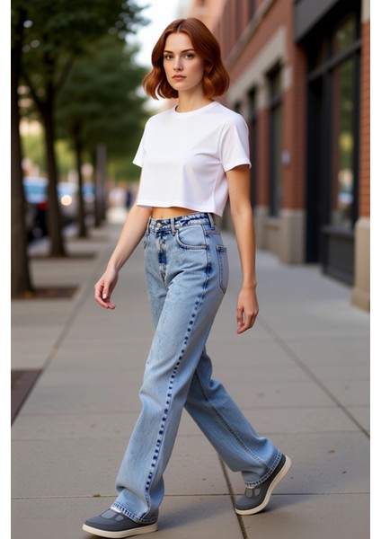 Kadın Açık Yüksek Bel Bol Paça Denim Pantolon Fonksiyonel Dayanıklı Kaliteli Konforlu Spor indirimleri