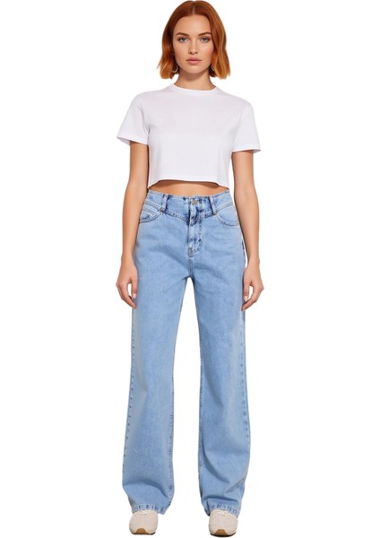 Kadın Koyu Yüksek Bel Düz Kesim Denim Pantolon Fonksiyonel Dayanıklı Kaliteli Konforlu Şık