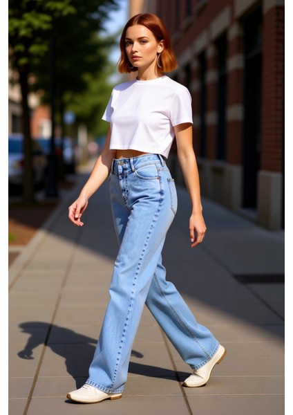 Kadın Koyu Yüksek Bel Düz Kesim Denim Pantolon Fonksiyonel Dayanıklı Kaliteli Konforlu Şık indirimleri