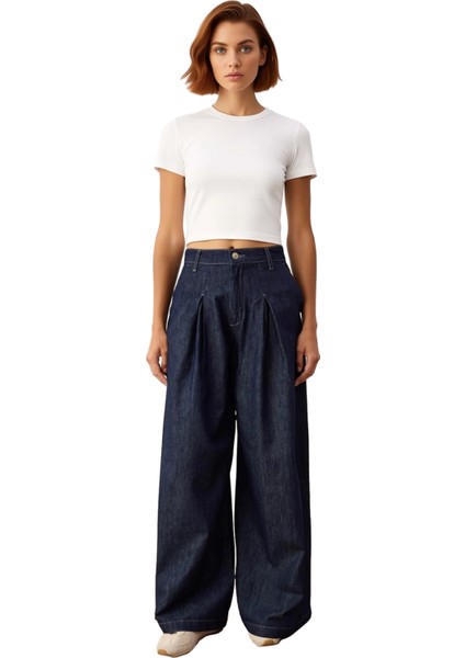 Kadın Koyu Bol Paça Yüksek Bel Denim Pantolon Pile Detaylı Fonksiyonel Dayanıklı Kaliteli Şık