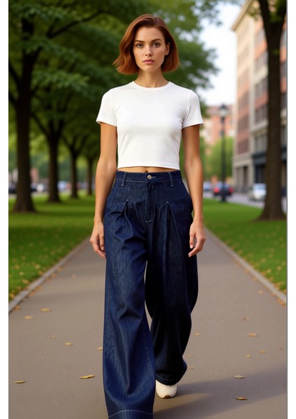 Kadın Koyu Bol Paça Yüksek Bel Denim Pantolon Pile Detaylı Fonksiyonel Dayanıklı Kaliteli Şık fırsatları