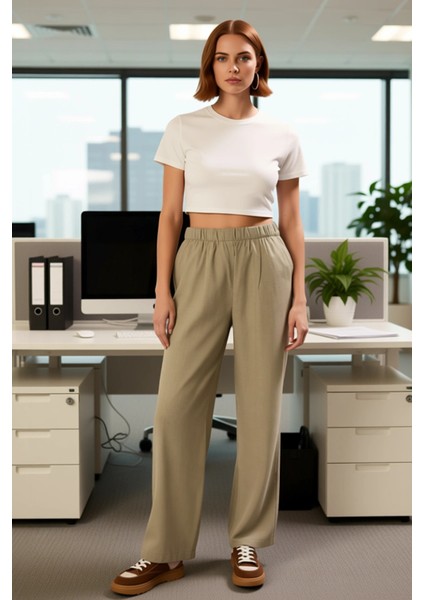 Kadın Haki Geniş Paça Dokuma Pantolon Fonksiyonel Dayanıklı Kaliteli Konforlu Estetik Spor