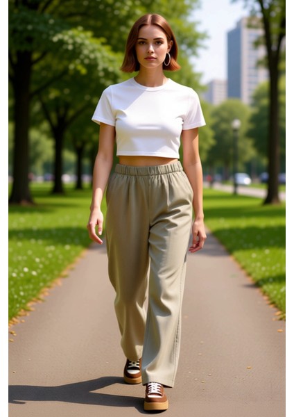 Kadın Haki Geniş Paça Dokuma Pantolon Fonksiyonel Dayanıklı Kaliteli Konforlu Estetik Spor fiyatları