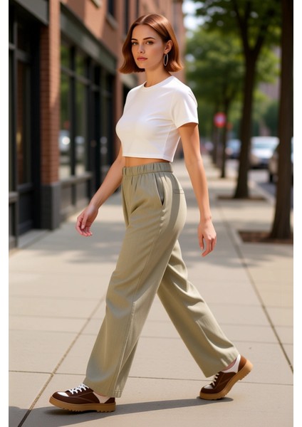 Kadın Haki Geniş Paça Dokuma Pantolon Fonksiyonel Dayanıklı Kaliteli Konforlu Estetik Spor modelleri