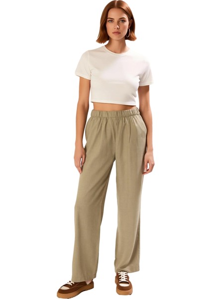 Kadın Haki Geniş Paça Dokuma Pantolon Fonksiyonel Dayanıklı Kaliteli Konforlu Estetik Spor fırsatları