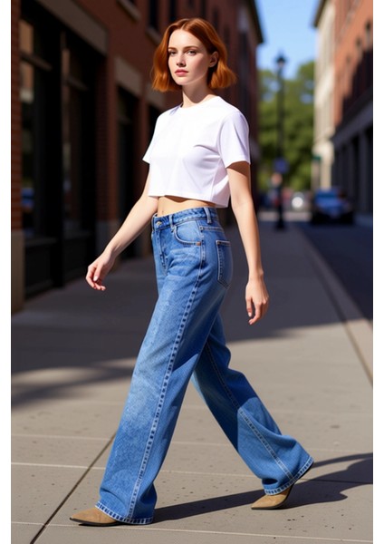 Kadın Geniş Paça Denim Pantolon Normal Bel Fonksiyonel Dayanıklı Kaliteli Konforlu Estetik