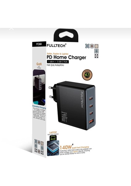 FC68 140W Gan Hızlı Şarj Adaptörü | 1x Usb-A + 3x Usb-C Port | Pd Süper Hızlı Laptop ve Tel