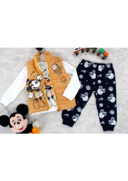9-24 Ay Mickey Mouse Baskılı 3'lü Yelekli Bebek Takımı | Mevsimlik