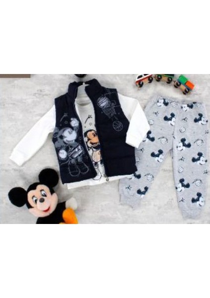 9-24 Ay Mickey Mouse Baskılı 3'lü Yelekli Bebek Takımı | Mevsimlik