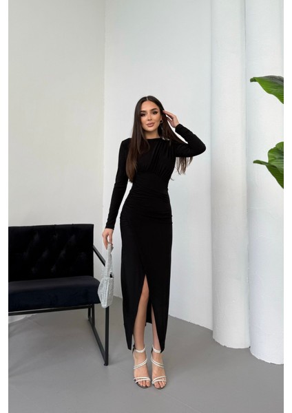 Kadın Drapeli Uzun Kollu Yırtmaç Detaylı Büzgülü Elbise