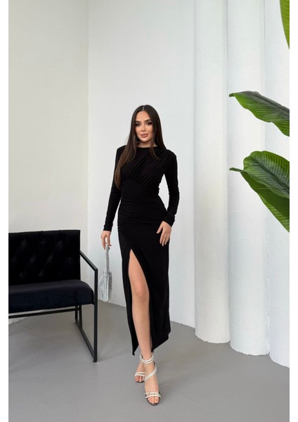 Kadın Drapeli Uzun Kollu Yırtmaç Detaylı Büzgülü Elbise fiyatları